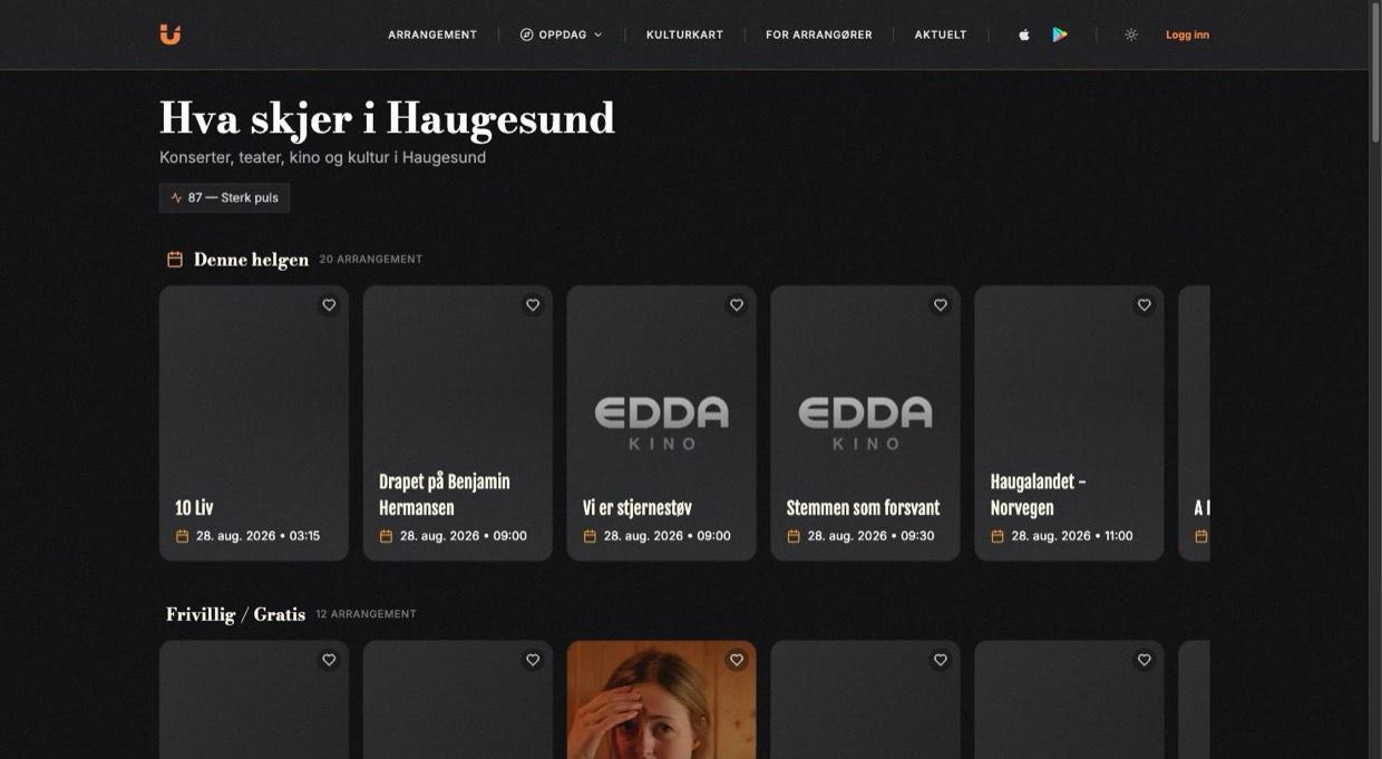 Byside for Haugesund med kulturpuls-merke og rader for helgen og frivillige arrangementer