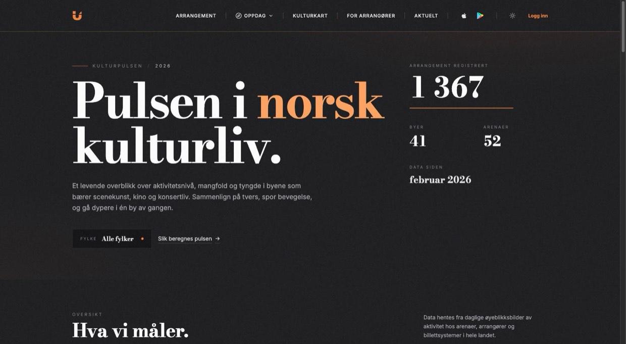 Kulturpulsen-forsiden på kulby.no med 1 367 registrerte arrangementer, 41 byer og 52 arenaer